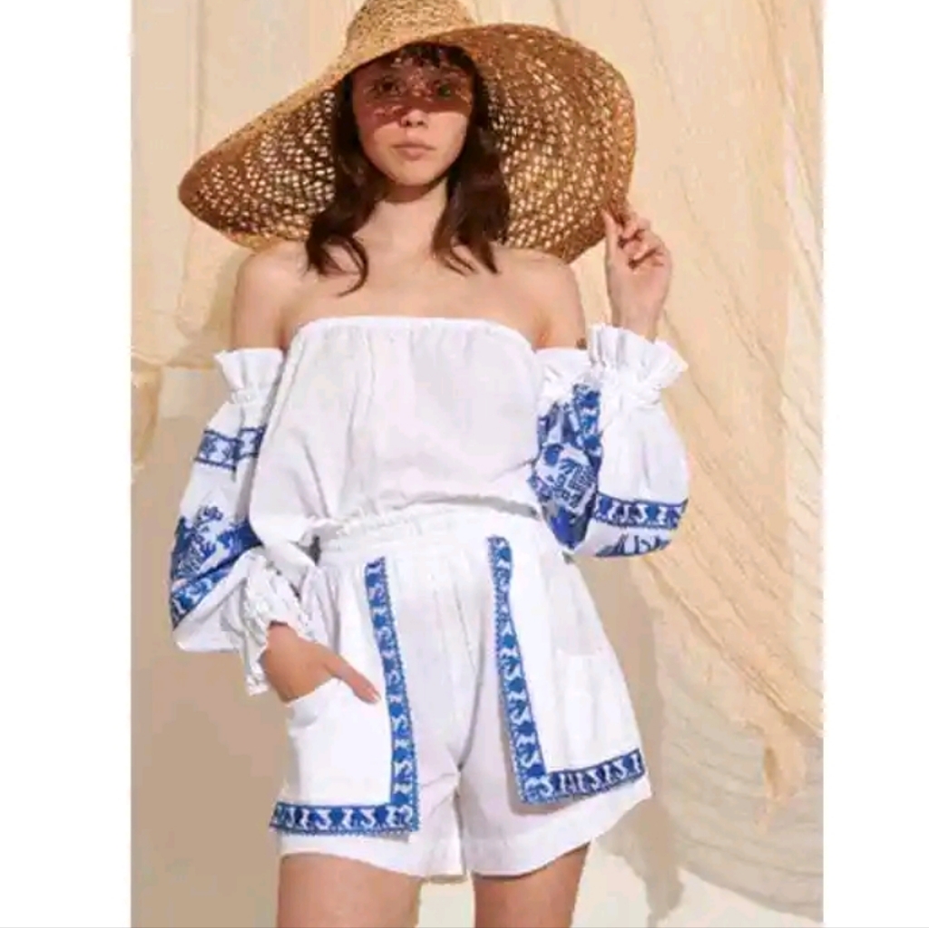 Lace The Label White Blue Embroidered 2pc Set - M